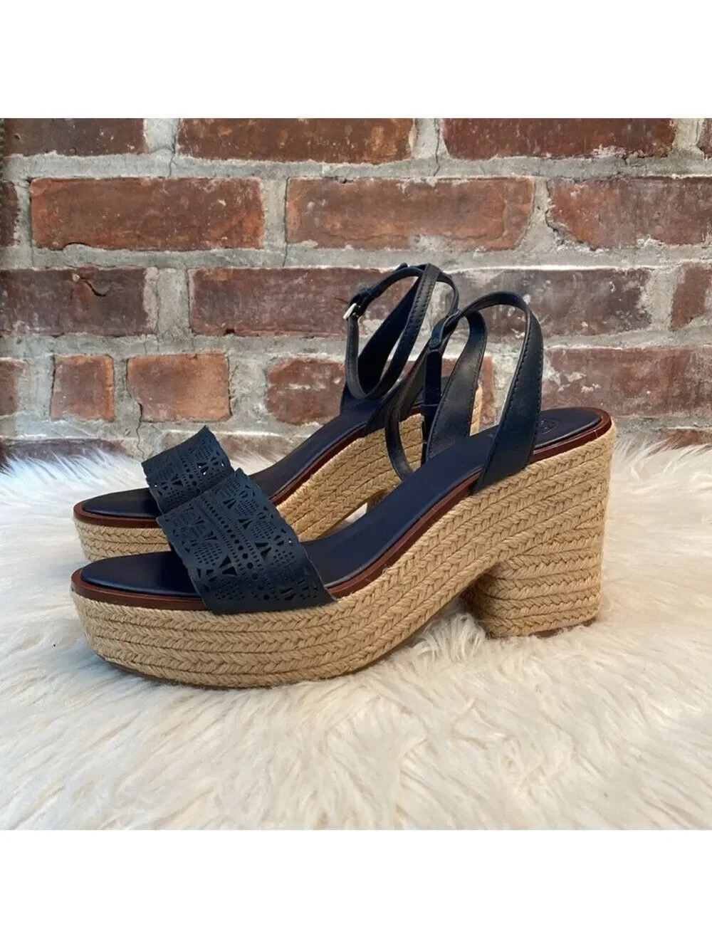 Tory Burch Roselle Navy Laser Cut Leather Platform Espadrille Sandals, Size 10.5